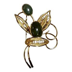 Vintage Gold-Tone Filigree Flower Brooch With Green Jade Stones Floral Bouquet